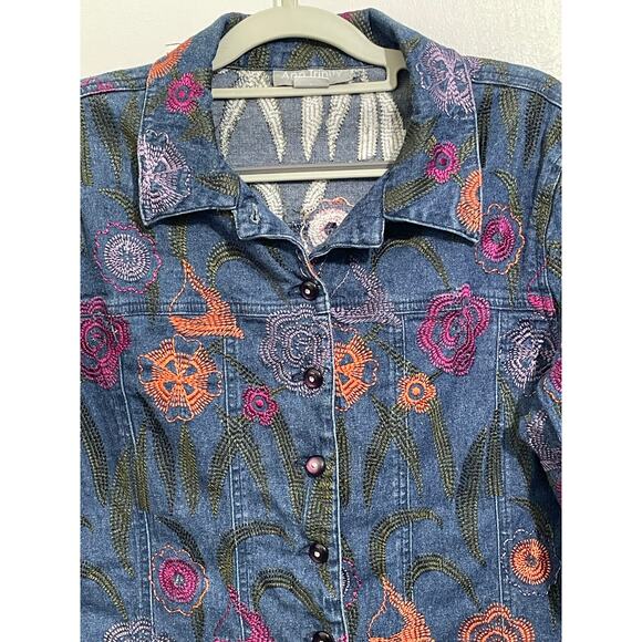 VTG Ann Trinity Linen Blend Denim Jacket Size Large Floral Embroidered Beaded - Picture 2 of 9